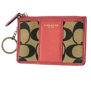 Coach Zip Card Case Logo Pink/Coral Coin Pouch Keyring Mini Skinny ID Case
